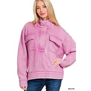 NWT Ladies Mauve Pink Acid Wash Half Snap Button Front Fleece Sweatshirt - SM MD